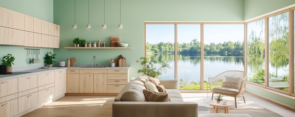 An open-plan kitchen and living space with crisp mint green walls and light birch cabinets