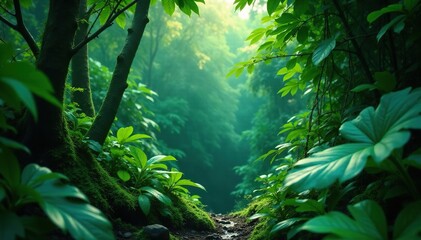 Overlapping foliage of tropical plants and vines in a lush jungle bush, plants, greenery