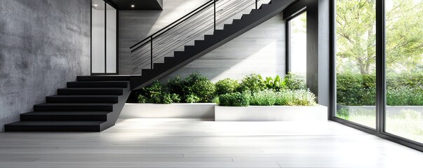 An ultra-modern home interior featuring a cantilever staircase