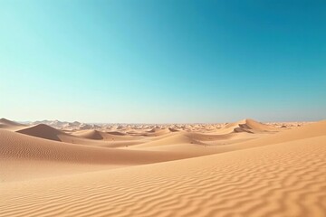 Sandy dunes stretch far in a vast expanse of blue sky, empty space, panorama