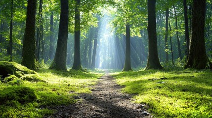 Obraz premium Sunbeams in lush forest path, misty morning, nature tranquility, ideal for travel brochures