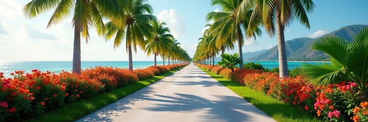 Fototapeta premium A tranquil road is lined with colorful flowers and swaying palm trees, sereneatmosphere, peacefulhaven