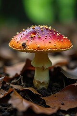 Fototapeta premium Decaying leaf litter surrounds the bolete's cap, forest floor, wood decay, mushroom cap