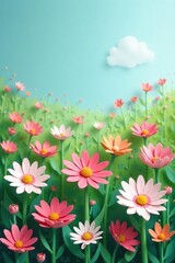 Obraz premium Paper cut daisies in a field of colorful blooms, spring flowers, field