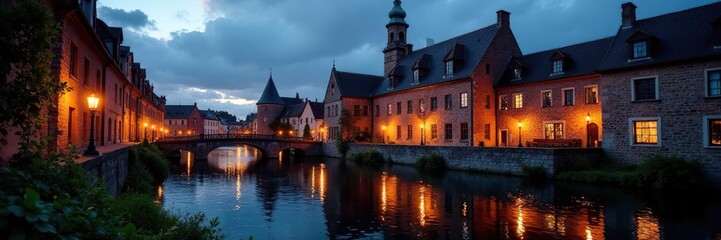 Fototapeta premium Regenbogen in einem historischen Backsteingeb?ude, dunkel, Abendhimmel, schatten