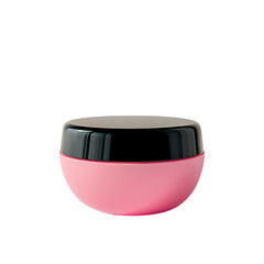 Fototapeta premium Cosmetic jar featuring a bold pink base and glossy black lid rests on a flat surface, isolated on a transparent background for beauty packaging