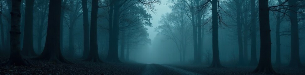 Fototapeta premium Dark forest with dense trees and foggy atmosphere, shadows, trees, dark