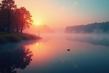 Obraz premium Fiery mist dances on the surface of a serene lake, water, peaceful