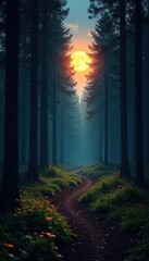 Fototapeta premium Forest at dusk with moonlight casting long shadows on the ground, forest, nature