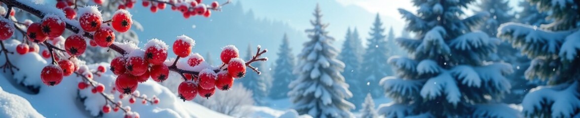 Frosted viburnum berries amidst coniferous spruce forest, snowflakes, serene atmosphere, blue sky