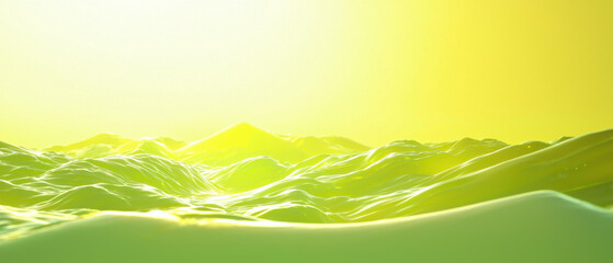 Obraz premium Surreal landscape with glowing yellow light illuminating rolling green hills.