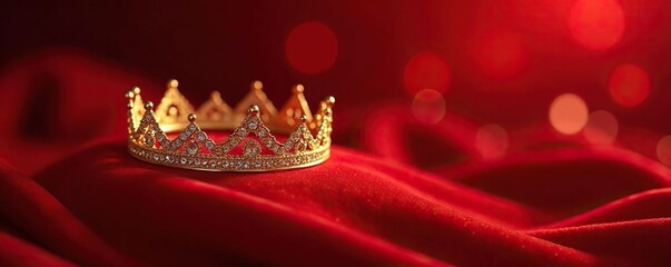 Delicate golden crown rests on velvet, amidst red bokeh swirls, background, elegance