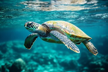 Obraz premium Endangered hawaiian green sea turtle gracefully swims in warm ocean waters of hawaii
