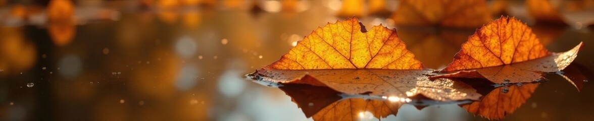 Golden brown leaves with water droplets glistening on their surface, water reflection, autumn foliage, golden brown leaves