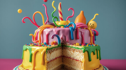 A colorful cake with a smiley face on it. The cake is cut in half and has a rainbow of colors