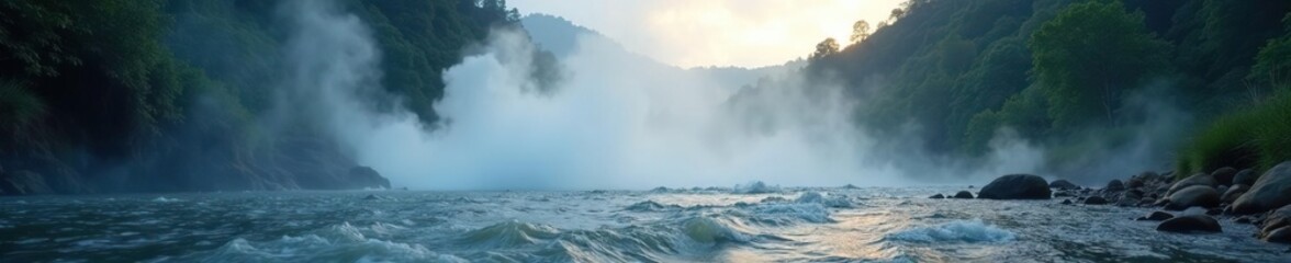 Obraz premium Steam rises from boiling river as rain creates misty veil, mist, fog, rain