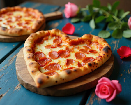 A single slice of heart-shaped pizza with cheese and pepperoni, placed on a wooden board with a romantic setting on blue wooden table, generative, AI,