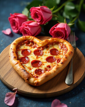 A single slice of heart-shaped pizza with cheese and pepperoni, placed on a wooden board with a romantic setting on blue wooden table, generative, AI,