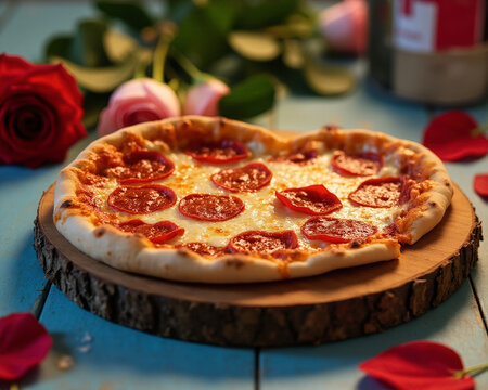 A single slice of heart-shaped pizza with cheese and pepperoni, placed on a wooden board with a romantic setting on blue wooden table, generative, AI,