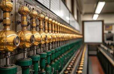 Fototapeta premium Row of vintage industrial gold and green valves in a control room.
