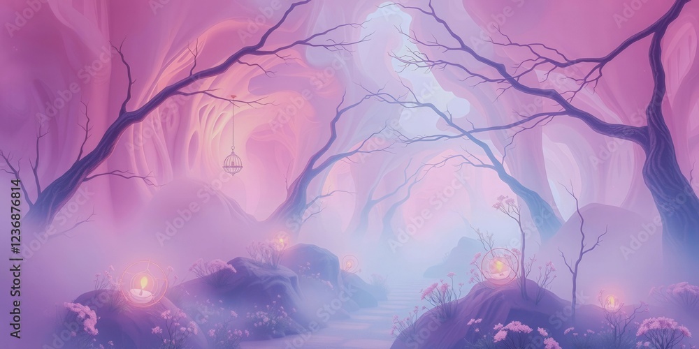 Poster a serene forest scene with pink trees and a bird flying in the sky. scene is calm and tranquil, as t