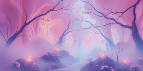 A serene forest scene with pink trees and a bird flying in the sky. Scene is calm and tranquil, as the viewer is transported to a peaceful natural setting. The pink trees create a sense of warmth