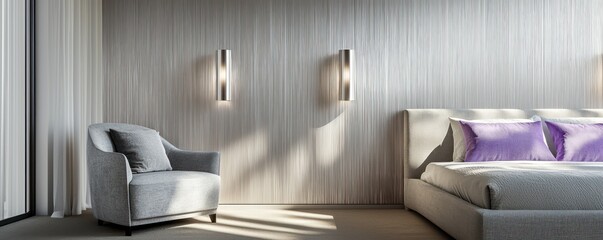 A chic bedroom with brushed silver wood paneling, furnished with a light gray armchair and a sleek, modern bed