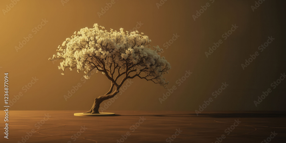 Poster a tree is standing in a field with a brown background. the tree is bare and has no leaves