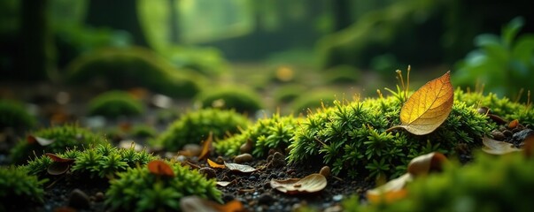 Leaf-like bony fragments scattered on a moss-covered ground, dark, scattered