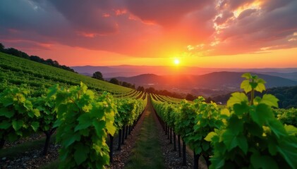 Naklejka premium Deep green vines stretch across sun-drenched hills, fiery sunset sky , wonderful, panorama, intense