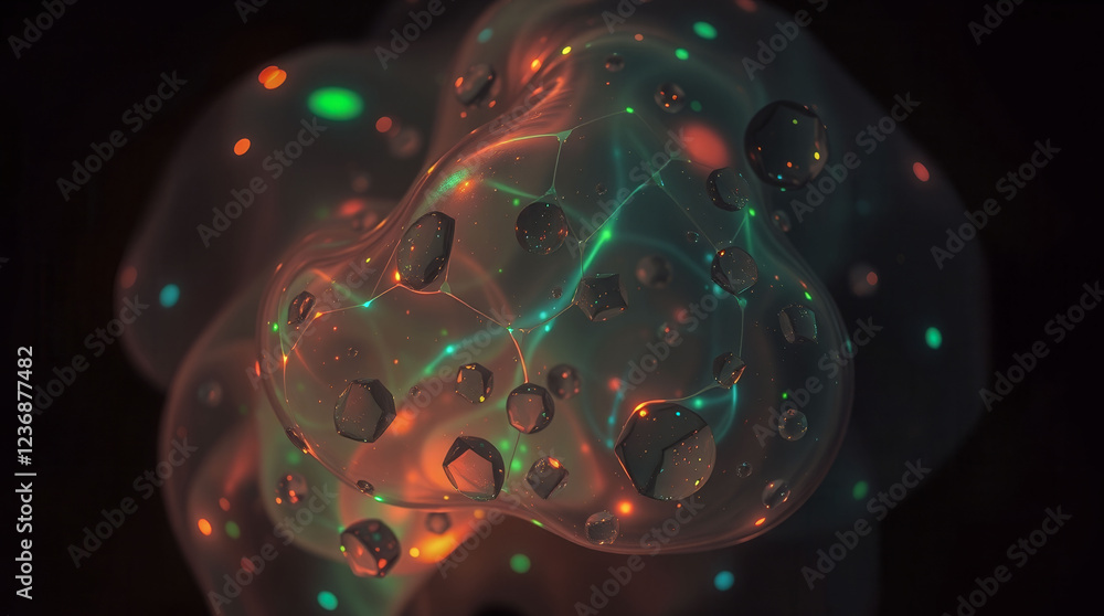 Poster a colorful, glowing sphere with many small, glowing dots. the sphere is surrounded by a dark backgro