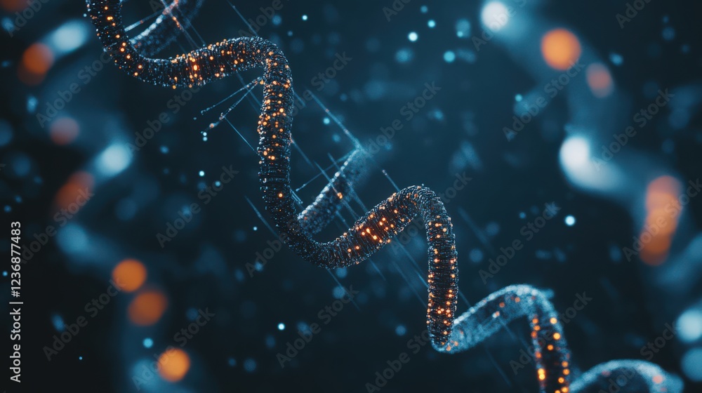 Poster abstract digital dna strand with glowing data points on a dark background