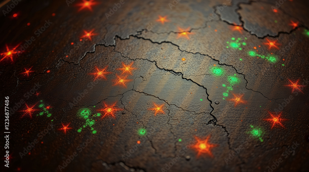 Poster a dark surface with green and red glowing stars. the stars are scattered all over the surface, creat