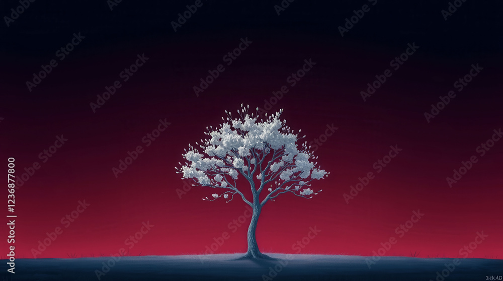 Poster a tree is the main focus of this image, standing alone in a field of red grass. the red background a