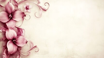 Delicate Pink Flowers and Ornate Swirls on Beige Background