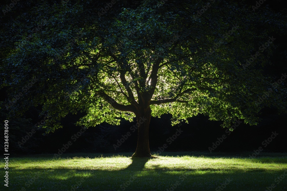 Poster illuminated tree stands out in a tranquil night setting surrounded by soft grass