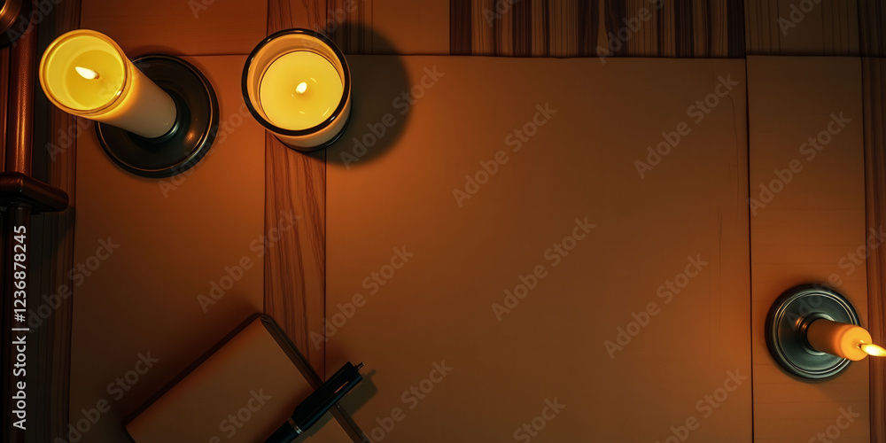 Poster a table with a pen and a few candles on it. the candles are lit and the pen is placed on the table. 