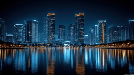Night cityscape reflections on lake, urban skyline illuminated