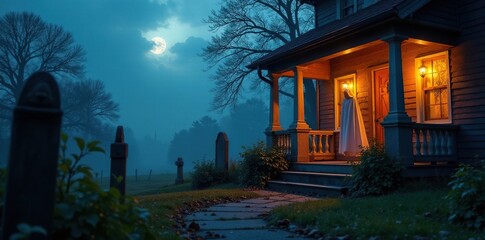Spooky graveyard scene on front porch with tombstones and ghosts, graveyard, ghostly ambiance