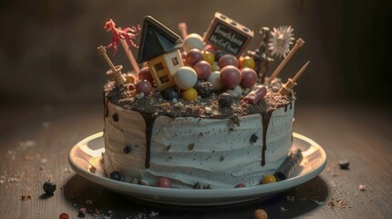 A cake with a house on top of it and a sign that says "Freiburg". The cake is decorated with candy and has a chocolate drizzle