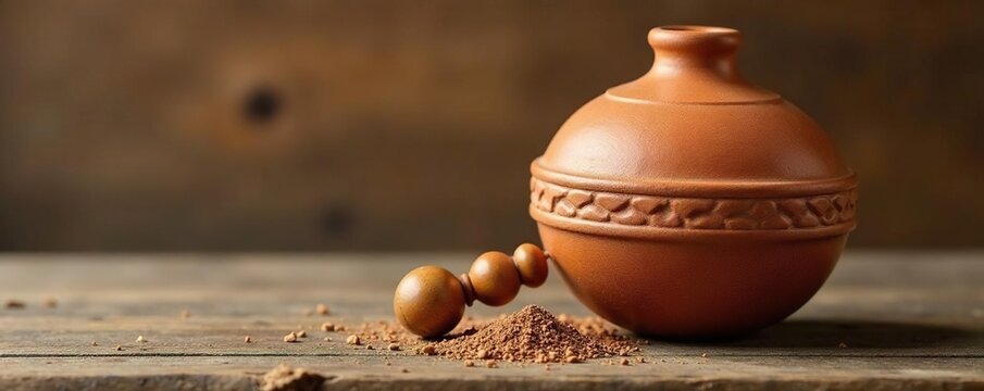Wood and clay terracotta Boule with wooden Cochonnet or jack, decor, rustic