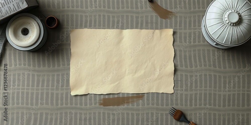 Poster a white piece of paper sits on a table with a fork and a cup. concept of emptiness and simplicity