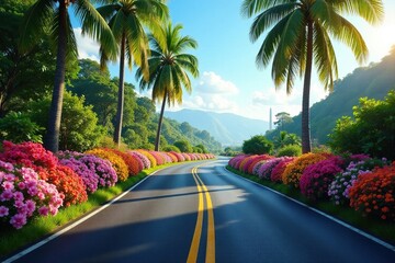 Fototapeta premium A winding asphalt road is flanked by blooming flowers and swaying palm trees in full bloom, winding, asphalt