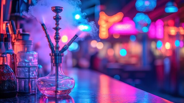 Nightclub hookah bar, smoking hookah, colorful neon lights, blurred background