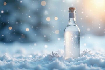 Elegant bottle sits among sparkling snowflakes, white, bottle, frosted