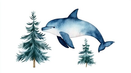 Fototapeta premium Dolphin Swimming Among Evergreen Trees in Watercolor Style