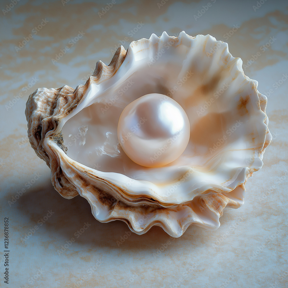 Poster luminous pearl resting inside open seashell on textured surface