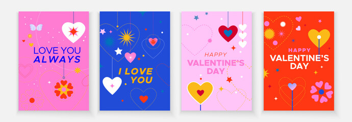 Happy Valentine's Day card set with a minimalistic design. Hearts and colored shapes on a colored background. Happy Valentine's Day greeting cards.	