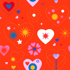 Valentine's Day pattern with a minimalistic design. Hearts and colored shapes on a red background.