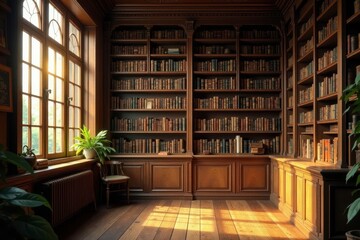 Golden light bathes antique wooden bookshelf in peaceful home library , reading nook, shadow, sunlight